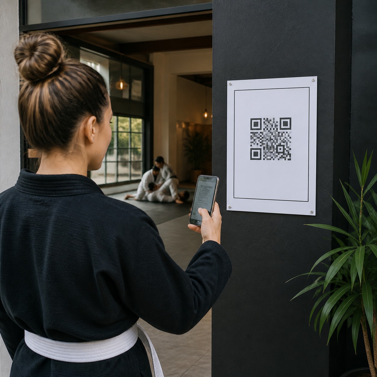 Alumno escaneando un código QR para abrir la página de la academia